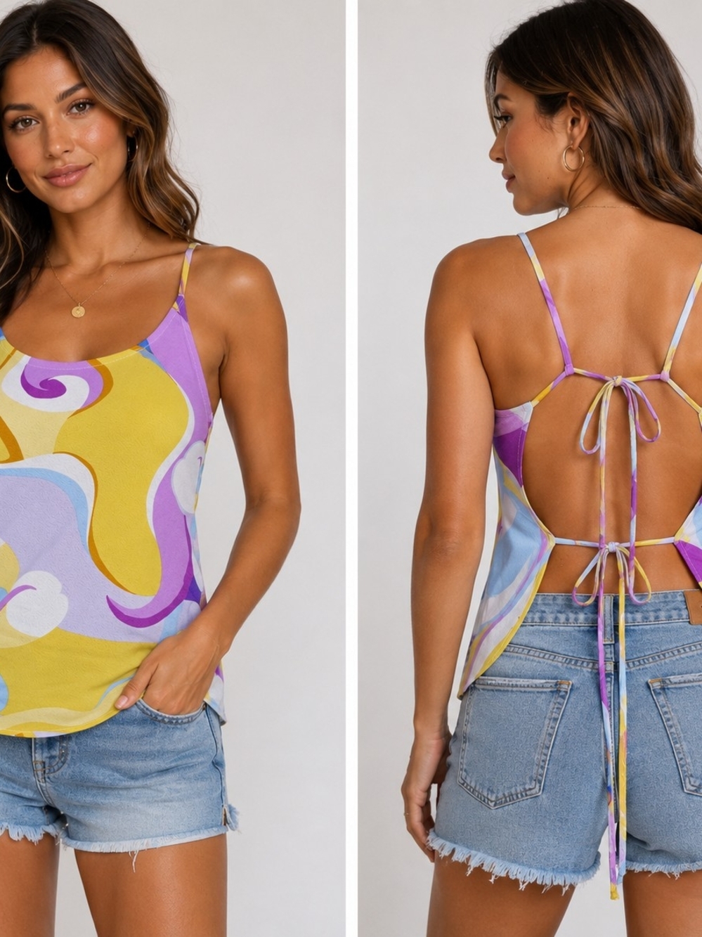 Sky To Moon Abstract Lavender/Yellow Floral Open Back Tie Back Tank Top Size M